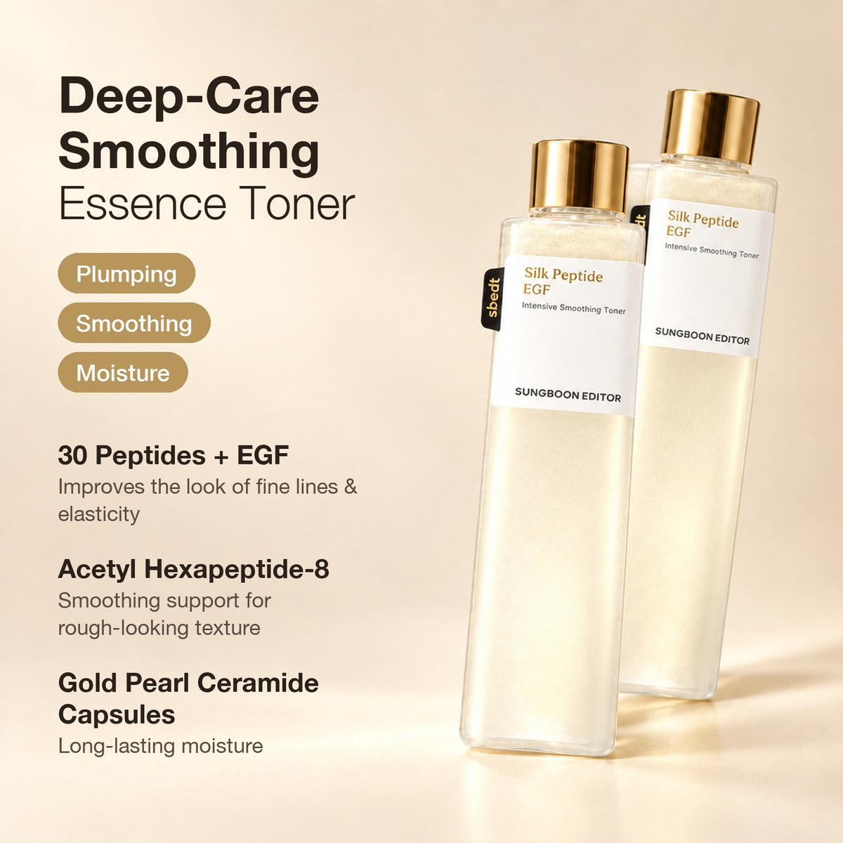 Deep-care smoothing essence toner with 30 peptides, EGF and gold pearl ceramide capsules